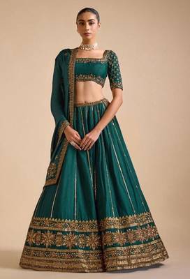 Dark Green Vichitra Silk sequin Embroidered Lehenga Choli 1