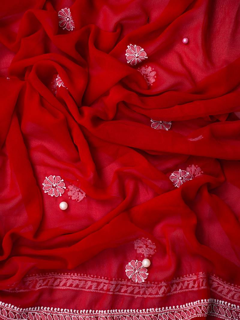 Hand Embroidered Red Georgette Lucknowi Chikankari Indian Women Unstitched Suit Piece With Parsi Work
