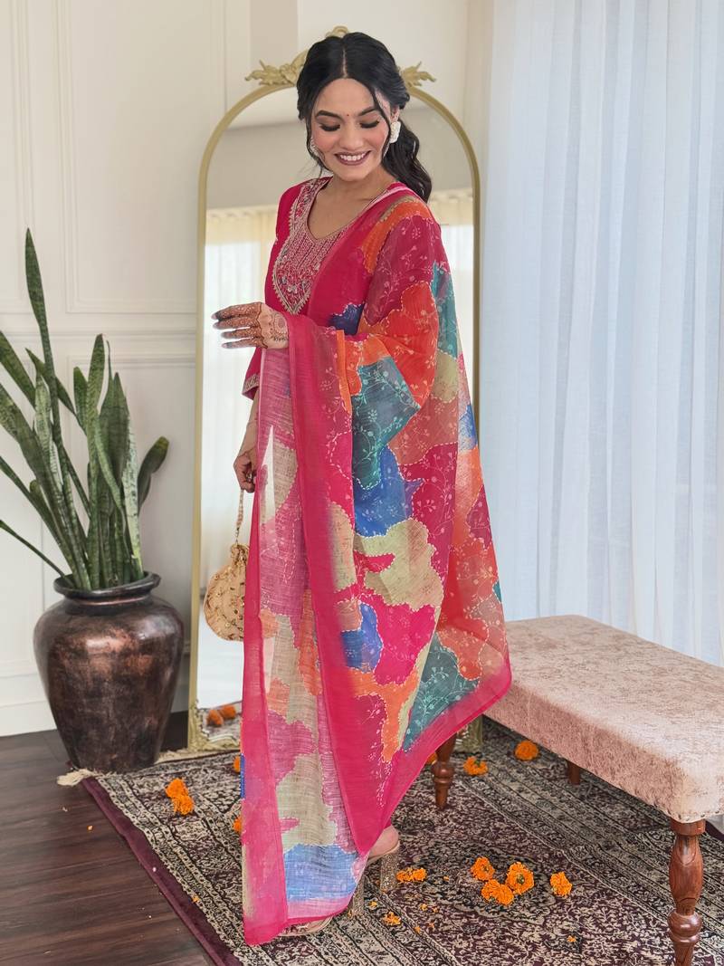 Women's Viscose Chanderi Fabric Staight Kurta, Pant and Dupatta Set