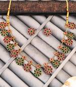 Traditional gold-plated floral necklace set with ruby and emerald stones, flower design earrings