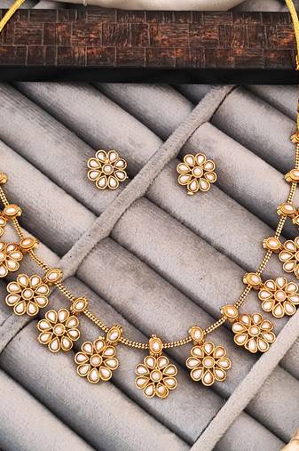 Pearl flower necklace set with earrings, traditional gold-plated floral design, indian wedding jewellery