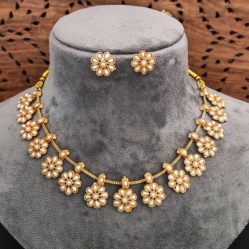 Pearl flower necklace set with earrings, traditional gold-plated floral design, indian wedding jewellery