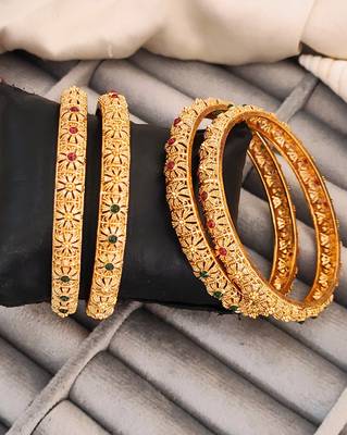 Gold-plated bangles set with floral design, red and green stones, set of 4 1