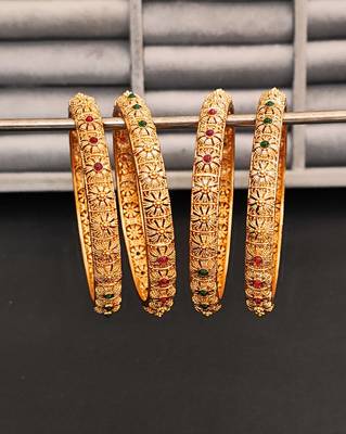Gold-plated bangles set with floral design, red and green stones, set of 4 3