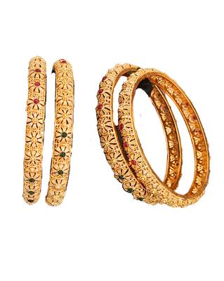 Gold-plated bangles set with floral design, red and green stones, set of 4 4