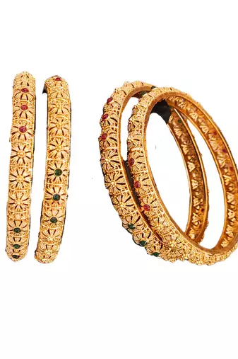 Gold-plated bangles set with floral design, red and green stones, set of 4