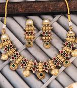 Traditional indian necklace set with earrings, gold-plated, red and green stones, kundan style