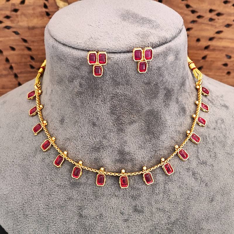 Ruby gemstone gold-plated necklace and earrings set, traditional indian style