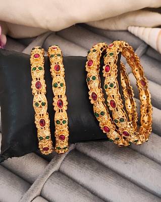 Antique design gold-plated bangles with ruby and emerald stones, set of 4 1