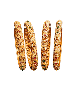 Gold-plated bangles set with floral design, red and green stones, set of 4 5