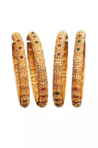 Gold-plated bangles set with floral design, red and green stones, set of 4