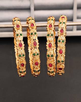 Antique design gold-plated bangles with ruby and emerald stones, set of 4 3