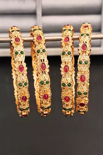 Antique design gold-plated bangles with ruby and emerald stones, set of 4