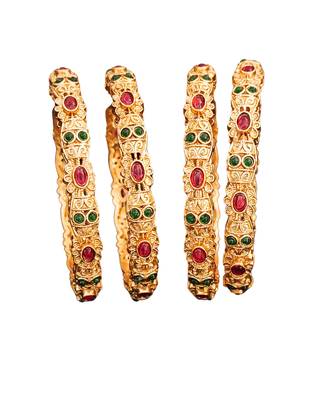 Antique design gold-plated bangles with ruby and emerald stones, set of 4 4