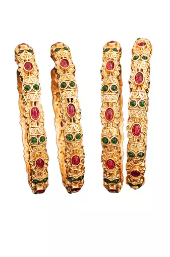 Antique design gold-plated bangles with ruby and emerald stones, set of 4