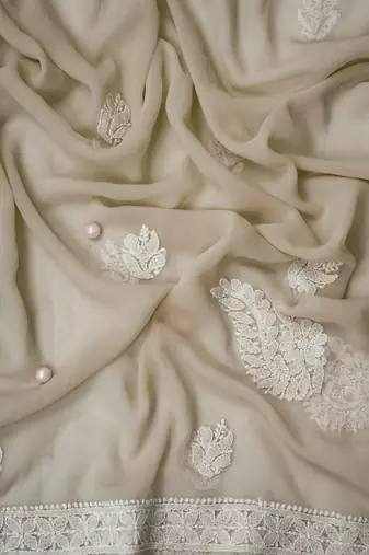 Hand Embroidered Taupe Fawn Georgette Lucknowi Chikankari Indian Women Unstitched Suit Piece