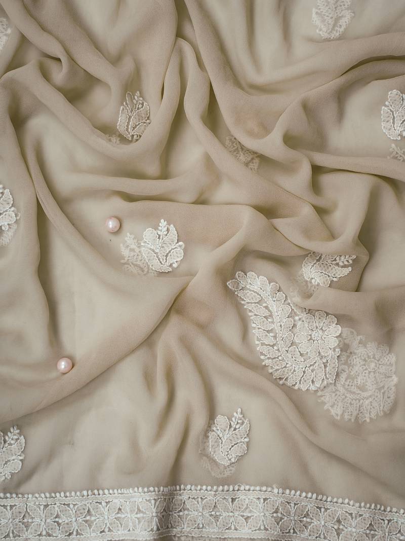 Hand Embroidered Taupe Fawn Georgette Lucknowi Chikankari Indian Women Unstitched Suit Piece