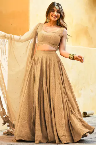 beige sequins georgette festival lehenga set choli with dupatta