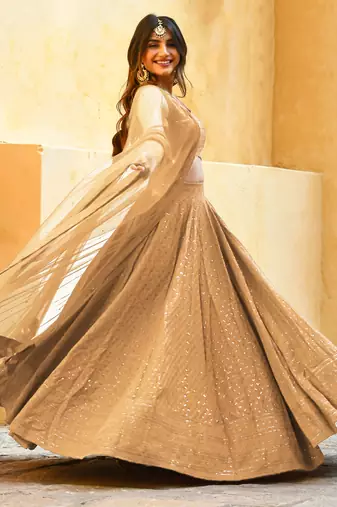 beige sequins georgette festival lehenga set choli with dupatta
