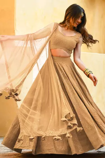 beige sequins georgette festival lehenga set choli with dupatta
