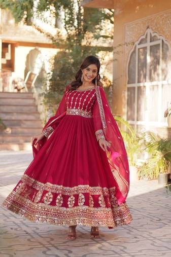 Pink Designer Trending Georgette Gown Dupatta Collection With Sequins Embroidered Work