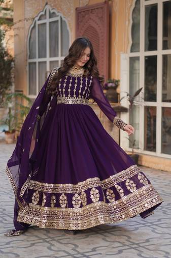 Purple Designer Trending Georgette Gown Dupatta Collection With Sequins Embroidered Work