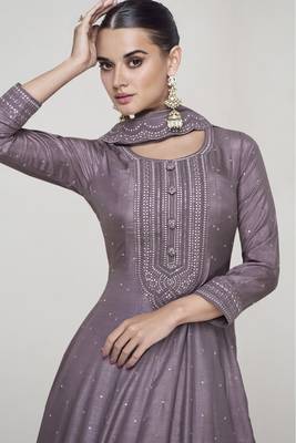 Deep purple sequins embroidered silk anarkali with dupatta 2