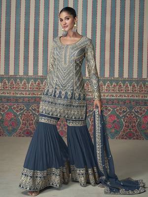 Steel blue shaded embroidered georgette sharara with embroidered dupatta 1