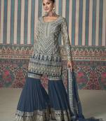 Steel blue shaded embroidered georgette sharara with embroidered dupatta