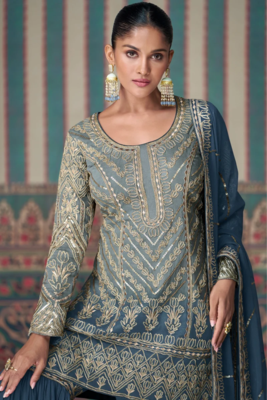 Steel blue shaded embroidered georgette sharara with embroidered dupatta 2