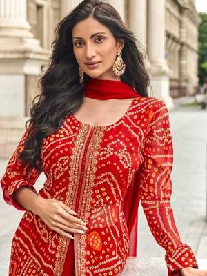 Red jaipuri bandhani print georgette anarkali with dupatta 2