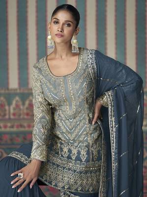 Steel blue shaded embroidered georgette sharara with embroidered dupatta 3