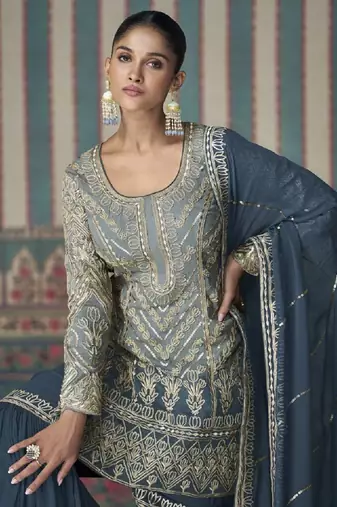Steel blue shaded embroidered georgette sharara with embroidered dupatta