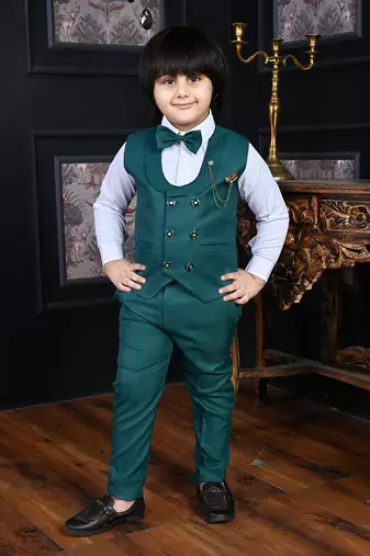teal blue cotton blend double breasted solid 3 piece party suit set with bowtie