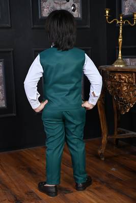 teal blue cotton blend double breasted solid 3 piece party suit set with bowtie 3