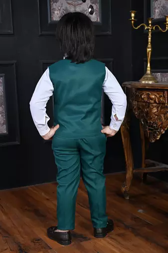 teal blue cotton blend double breasted solid 3 piece party suit set with bowtie