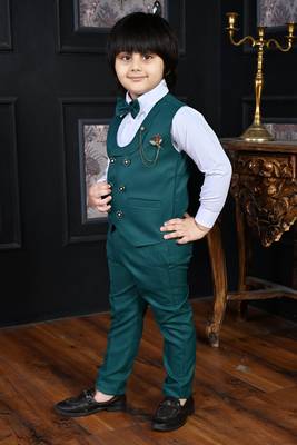teal blue cotton blend double breasted solid 3 piece party suit set with bowtie 4