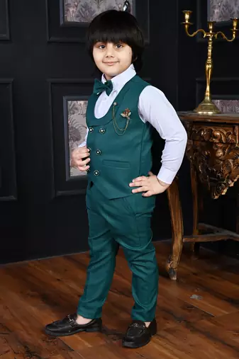 teal blue cotton blend double breasted solid 3 piece party suit set with bowtie