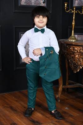 teal blue cotton blend double breasted solid 3 piece party suit set with bowtie 5