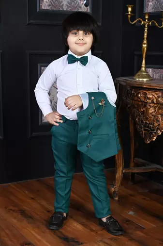 teal blue cotton blend double breasted solid 3 piece party suit set with bowtie
