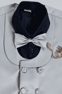 silver grey cotton blend double breasted solid 3 piece party suit set with bowtie 5