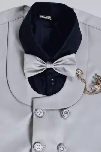 silver grey cotton blend double breasted solid 3 piece party suit set with bowtie