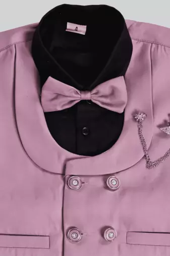 lavender cotton blend double breasted solid 3 piece party suit set with bowtie