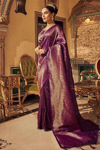 Royal purple banarasi silk saree with gold zari paisley & floral motifs