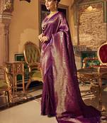 Royal purple banarasi silk saree with gold zari paisley & floral motifs