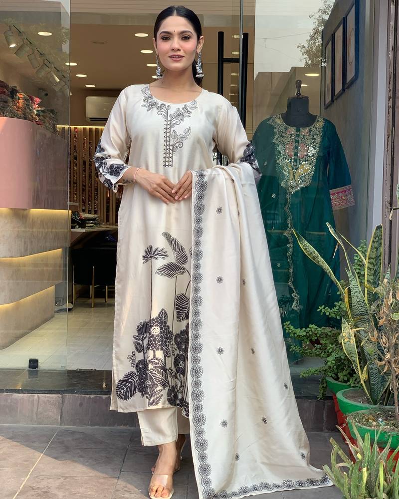 Women's Chinnon Fabric Staight Kurta, Pant and Dupatta Set