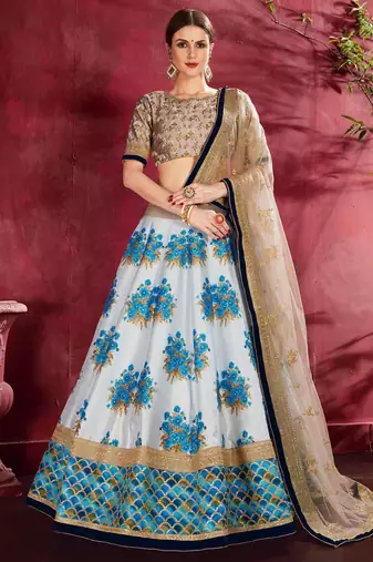 white floral print banglori silk wedding lehenga set choli with dupatta