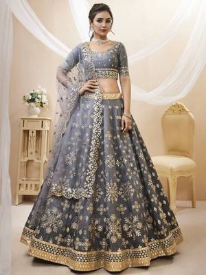 grey embroidered art silk lehenga set choli with dupatta 1