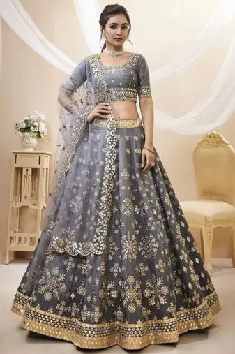 grey embroidered art silk lehenga set choli with dupatta