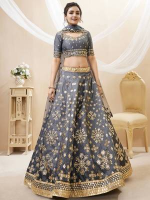 grey embroidered art silk lehenga set choli with dupatta 3